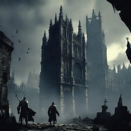 A gloomy and haunting depiction of the Dark Souls' game world, exhibiting detailed gothic architecture and shadowy figures in armour.