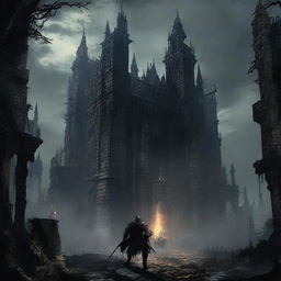 A gloomy and haunting depiction of the Dark Souls' game world, exhibiting detailed gothic architecture and shadowy figures in armour.