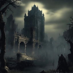 A atmospheric scene from Dark Souls, displaying its distinctive grim fantasy atmosphere, including austere landscapes, haunting architecture, and menacing enemies.