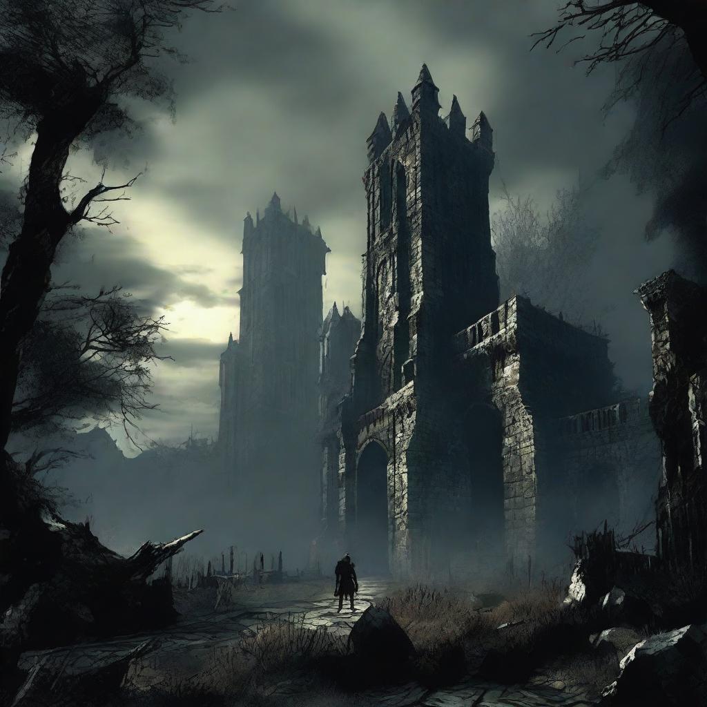 A atmospheric scene from Dark Souls, displaying its distinctive grim fantasy atmosphere, including austere landscapes, haunting architecture, and menacing enemies.