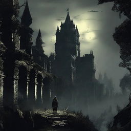 A atmospheric scene from Dark Souls, displaying its distinctive grim fantasy atmosphere, including austere landscapes, haunting architecture, and menacing enemies.