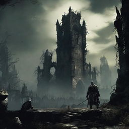 A atmospheric scene from Dark Souls, displaying its distinctive grim fantasy atmosphere, including austere landscapes, haunting architecture, and menacing enemies.