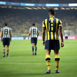 Rear view of 'CELEN' as he takes his initial step onto the field at Fenerbahçe Ülker Stadium, wearing a striped jersey named 'ÇELEN', number 68, and revealing a swallow tattoo on his arm and pronounced leg muscles.