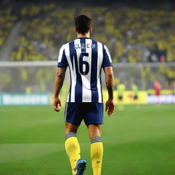 Rear view of 'CELEN' as he takes his initial step onto the field at Fenerbahçe Ülker Stadium, wearing a striped jersey named 'ÇELEN', number 68, and revealing a swallow tattoo on his arm and pronounced leg muscles.