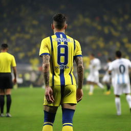 Rear view of 'CELEN' as he takes his initial step onto the field at Fenerbahçe Ülker Stadium, wearing a striped jersey named 'ÇELEN', number 68, and revealing a swallow tattoo on his arm and pronounced leg muscles.