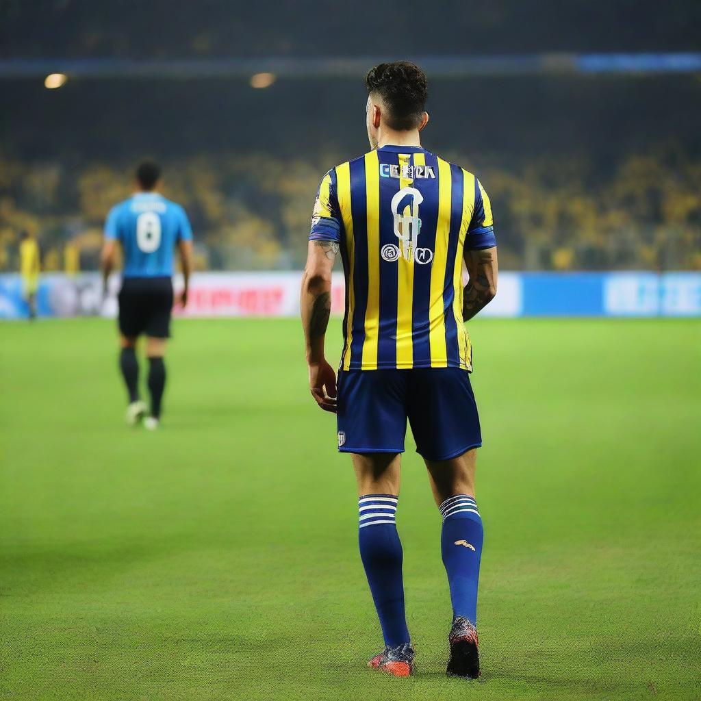 Rear view of 'CELEN' as he takes his initial step onto the field at Fenerbahçe Ülker Stadium, wearing a striped jersey named 'ÇELEN', number 68, and revealing a swallow tattoo on his arm and pronounced leg muscles.