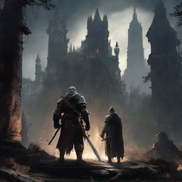 A striking shared scene that combines elements and characters from both Dark Souls and Elden Ring, capturing the essence and ambiance of these two dark fantasy worlds.