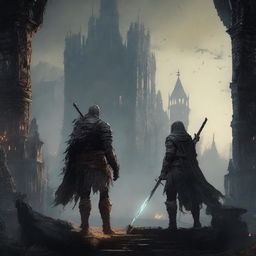 A striking shared scene that combines elements and characters from both Dark Souls and Elden Ring, capturing the essence and ambiance of these two dark fantasy worlds.