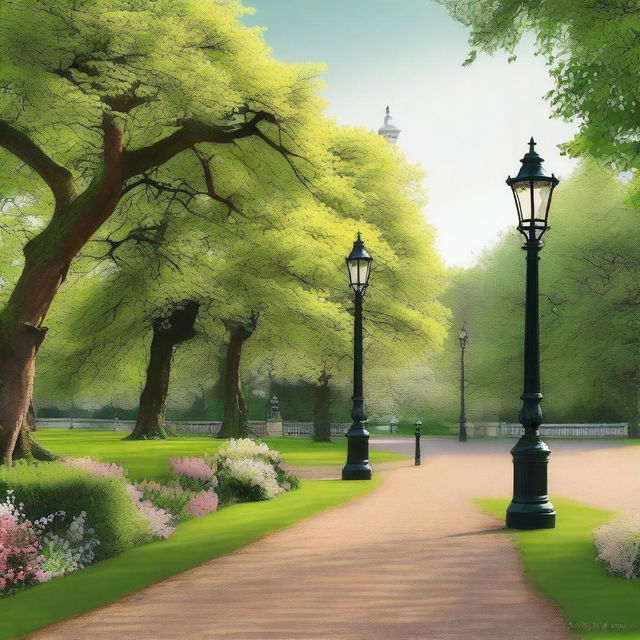 This is a high-quality digital art piece depicting the serene Kensington Gardens