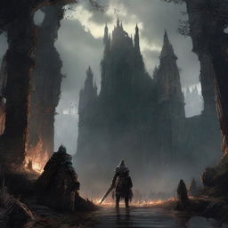 A striking shared scene that combines elements and characters from both Dark Souls and Elden Ring, capturing the essence and ambiance of these two dark fantasy worlds.