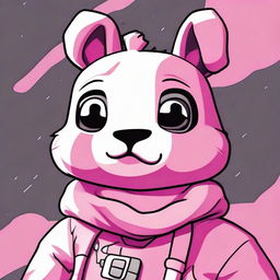 2D outline animated style close-up of Fortnite's Cuddle Team Leader with a confused expression, featuring expressive eyes and dramatic features.