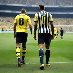 Behind view of 'CELEN' making the inaugural step onto Fenerbahçe Ülker Stadium's field in a striped jersey branded with 'ÇELEN', the number 68, a swallow tattoo on his arm, and well-defined leg muscles.