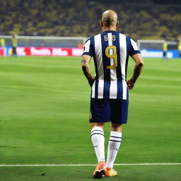 Behind view of 'CELEN' making the inaugural step onto Fenerbahçe Ülker Stadium's field in a striped jersey branded with 'ÇELEN', the number 68, a swallow tattoo on his arm, and well-defined leg muscles.