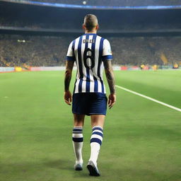 Behind view of 'CELEN' making the inaugural step onto Fenerbahçe Ülker Stadium's field in a striped jersey branded with 'ÇELEN', the number 68, a swallow tattoo on his arm, and well-defined leg muscles.