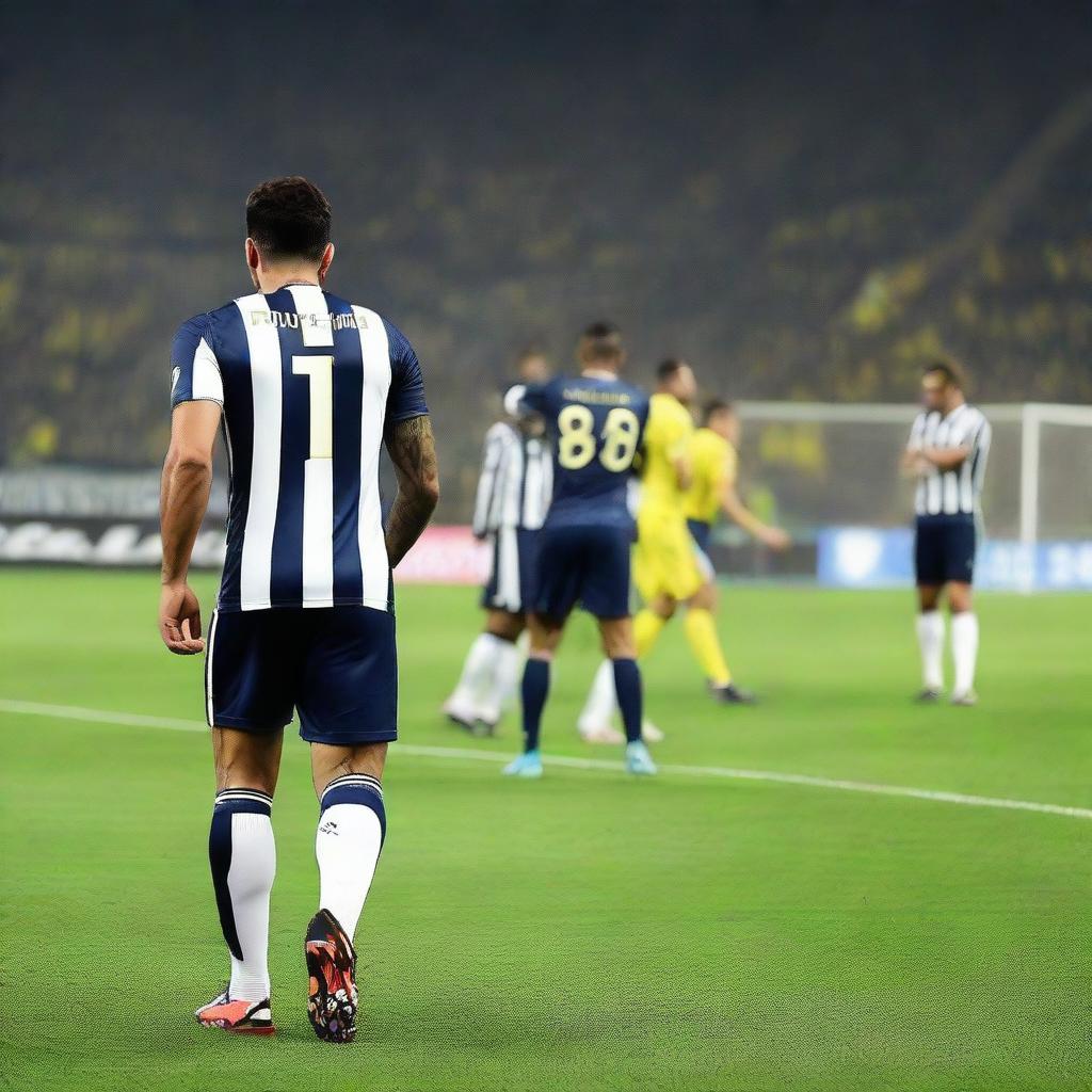 Behind view of 'CELEN' making the inaugural step onto Fenerbahçe Ülker Stadium's field in a striped jersey branded with 'ÇELEN', the number 68, a swallow tattoo on his arm, and well-defined leg muscles.