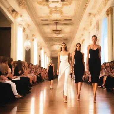 The fashion show featured models walking the runway while the symphony played in the background.