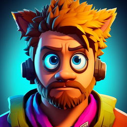 2D outline animated close-up of Fortnite's Cuddle Team Leader, capturing a perplexed expression with its vibrant colors and expressive eyes.