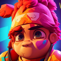 2D outline animated close-up of Fortnite's Cuddle Team Leader, capturing a perplexed expression with its vibrant colors and expressive eyes.