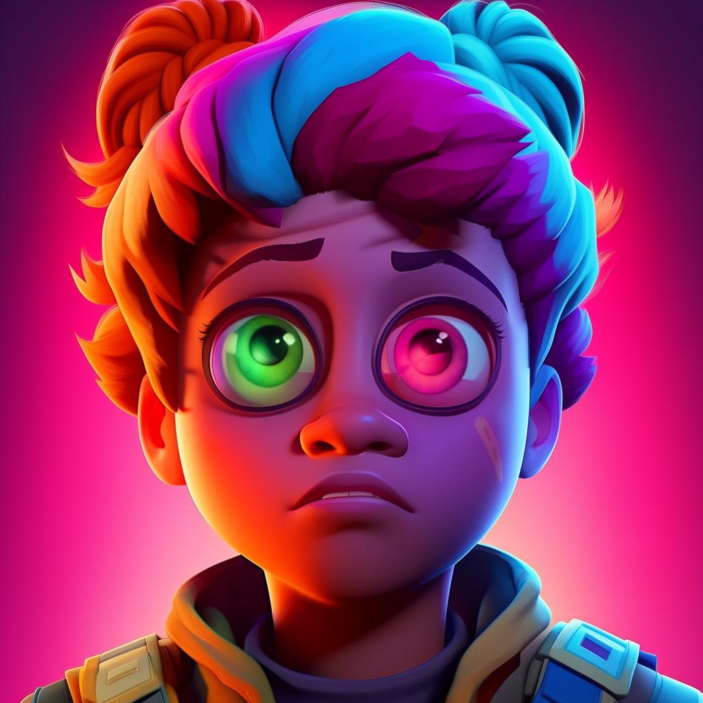 2D outline animated close-up of Fortnite's Cuddle Team Leader, capturing a perplexed expression with its vibrant colors and expressive eyes.