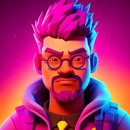 2D outline animated close-up of Fortnite's Cuddle Team Leader, capturing a perplexed expression with its vibrant colors and expressive eyes.