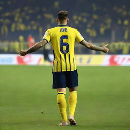 Artistic, rear view of 'CELEN', stepping onto the pitch at Fenerbahçe Ülker Stadium, dressed in a slim yellow and navy blue striped jersey featuring his name, number '68', and an elegant swallow tattoo on his left arm.