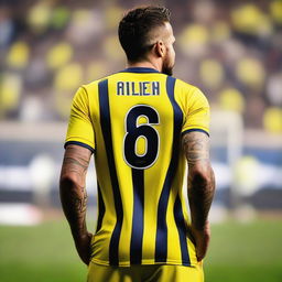 Artistic, rear view of 'CELEN', stepping onto the pitch at Fenerbahçe Ülker Stadium, dressed in a slim yellow and navy blue striped jersey featuring his name, number '68', and an elegant swallow tattoo on his left arm.