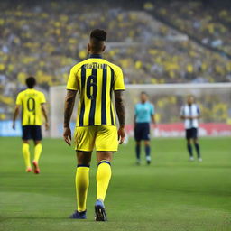 Artistic, rear view of 'CELEN', stepping onto the pitch at Fenerbahçe Ülker Stadium, dressed in a slim yellow and navy blue striped jersey featuring his name, number '68', and an elegant swallow tattoo on his left arm.