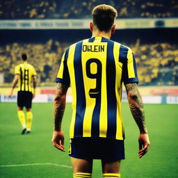 Artistic, rear view of 'CELEN', stepping onto the pitch at Fenerbahçe Ülker Stadium, dressed in a slim yellow and navy blue striped jersey featuring his name, number '68', and an elegant swallow tattoo on his left arm.