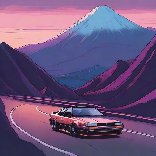 Futuristic interpretation of a Toyota AE86 drifting around the curves of a scenic Japanese mountain road at dusk, mountains and sky in the background.