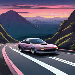 Futuristic interpretation of a Toyota AE86 drifting around the curves of a scenic Japanese mountain road at dusk, mountains and sky in the background.