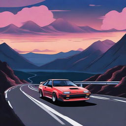 Futuristic interpretation of a Toyota AE86 drifting around the curves of a scenic Japanese mountain road at dusk, mountains and sky in the background.