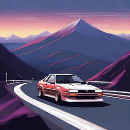 Futuristic interpretation of a Toyota AE86 drifting around the curves of a scenic Japanese mountain road at dusk, mountains and sky in the background.