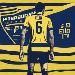 Artistic rendition of 'CELEN' from behind, in a sleek yellow and navy blue striped jersey bearing his name and number '68', with an elegant swallow tattoo on his left arm, confidently stepping onto the pitch at Fenerbahçe Ülker Stadium.