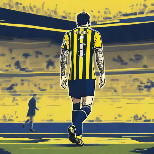 Artistic rendition of 'CELEN' from behind, in a sleek yellow and navy blue striped jersey bearing his name and number '68', with an elegant swallow tattoo on his left arm, confidently stepping onto the pitch at Fenerbahçe Ülker Stadium.