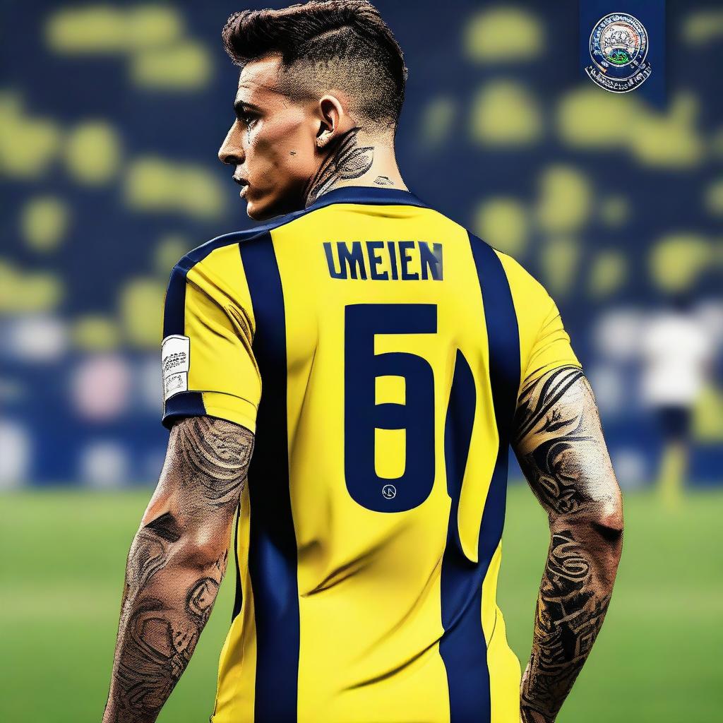 Artistic rendition of 'CELEN' from behind, in a sleek yellow and navy blue striped jersey bearing his name and number '68', with an elegant swallow tattoo on his left arm, confidently stepping onto the pitch at Fenerbahçe Ülker Stadium.