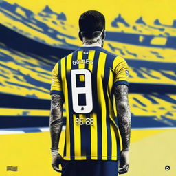 Artistic rendition of 'CELEN' from behind, in a sleek yellow and navy blue striped jersey bearing his name and number '68', with an elegant swallow tattoo on his left arm, confidently stepping onto the pitch at Fenerbahçe Ülker Stadium.