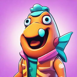 2D outline animated close-up of the confused Fishstick character from Fortnite, featuring expressive eyes and vibrant, aquatic color palette.