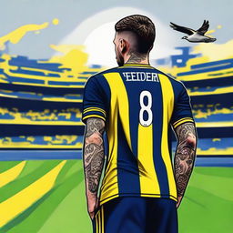 Stunning artistic depiction of the back view of 'CELEN', stylishly attired in a striped yellow and navy blue jersey adorned with his name and '68', a tasteful swallow tattoo on his left arm, stepping confidently onto Fenerbahçe Ülker Stadium's pitch.