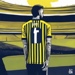 Stunning artistic depiction of the back view of 'CELEN', stylishly attired in a striped yellow and navy blue jersey adorned with his name and '68', a tasteful swallow tattoo on his left arm, stepping confidently onto Fenerbahçe Ülker Stadium's pitch.