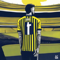 Stunning artistic depiction of the back view of 'CELEN', stylishly attired in a striped yellow and navy blue jersey adorned with his name and '68', a tasteful swallow tattoo on his left arm, stepping confidently onto Fenerbahçe Ülker Stadium's pitch.