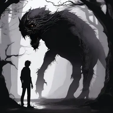 In the romantic novel, the protagonist encounters a grotesque creature lurking in the shadows.