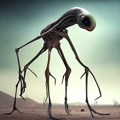 The alien creature had a grotesque appearance with its elongated limbs and mismatched eyes.