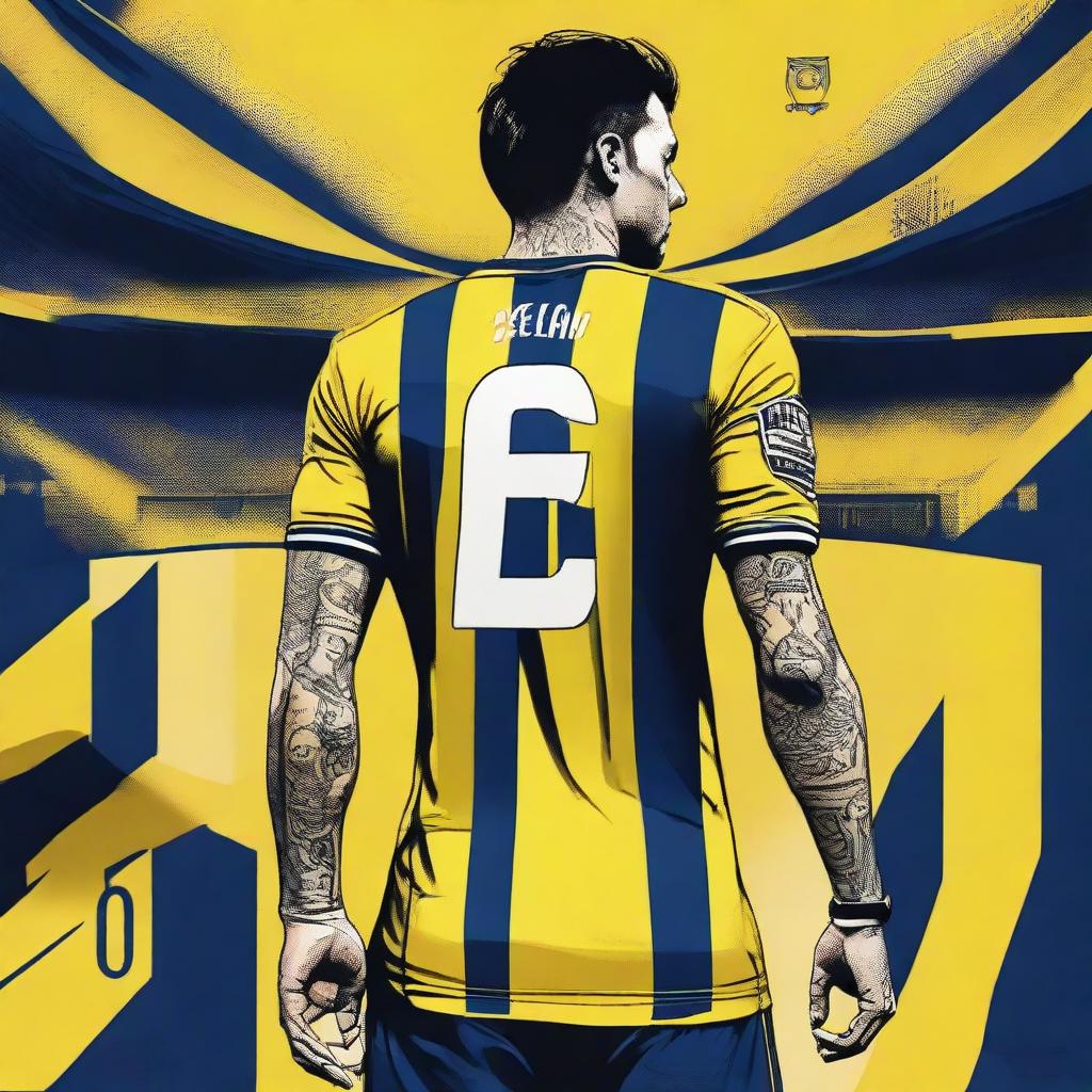 Stunning artistic depiction of the back view of 'CELEN', stylishly attired in a striped yellow and navy blue jersey adorned with his name and '68', a tasteful swallow tattoo on his left arm, stepping confidently onto Fenerbahçe Ülker Stadium's pitch.