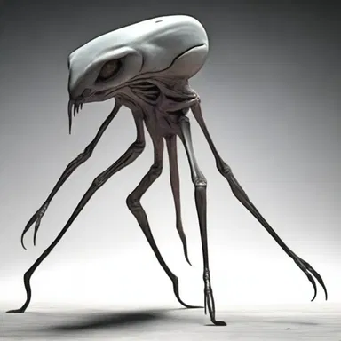 The alien creature had a grotesque appearance with its elongated limbs and mismatched eyes.
