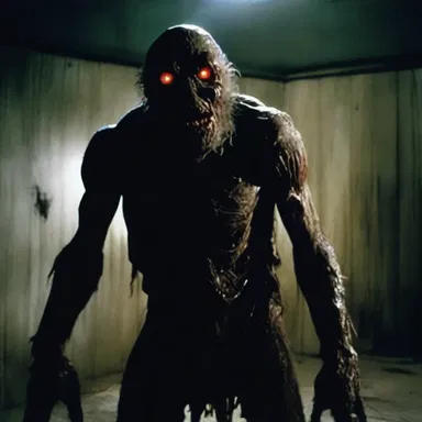 The horror movie had a scene with a grotesque monster emerging from the darkness to terrify the audience.