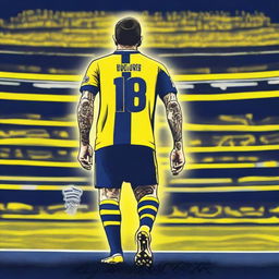 Stunning artistic depiction of the back view of 'CELEN', stylishly attired in a striped yellow and navy blue jersey adorned with his name and '68', a tasteful swallow tattoo on his left arm, stepping confidently onto Fenerbahçe Ülker Stadium's pitch.