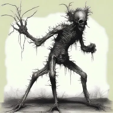 The horror novel described a grotesque creature with twisted limbs and plants growing out of its body.