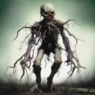 The horror novel described a grotesque creature with twisted limbs and plants growing out of its body.