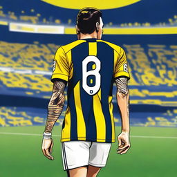 Artistic illustration of 'CELEN' from behind, donned in a sleek striped yellow and navy blue jersey embellished with his name and the number '68', an elegantly designed swallow tattoo gracing his left arm, as he steps confidently onto Fenerbahçe Ülker Stadium's pitch.