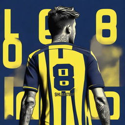 Artistic illustration of 'CELEN' from behind, donned in a sleek striped yellow and navy blue jersey embellished with his name and the number '68', an elegantly designed swallow tattoo gracing his left arm, as he steps confidently onto Fenerbahçe Ülker Stadium's pitch.